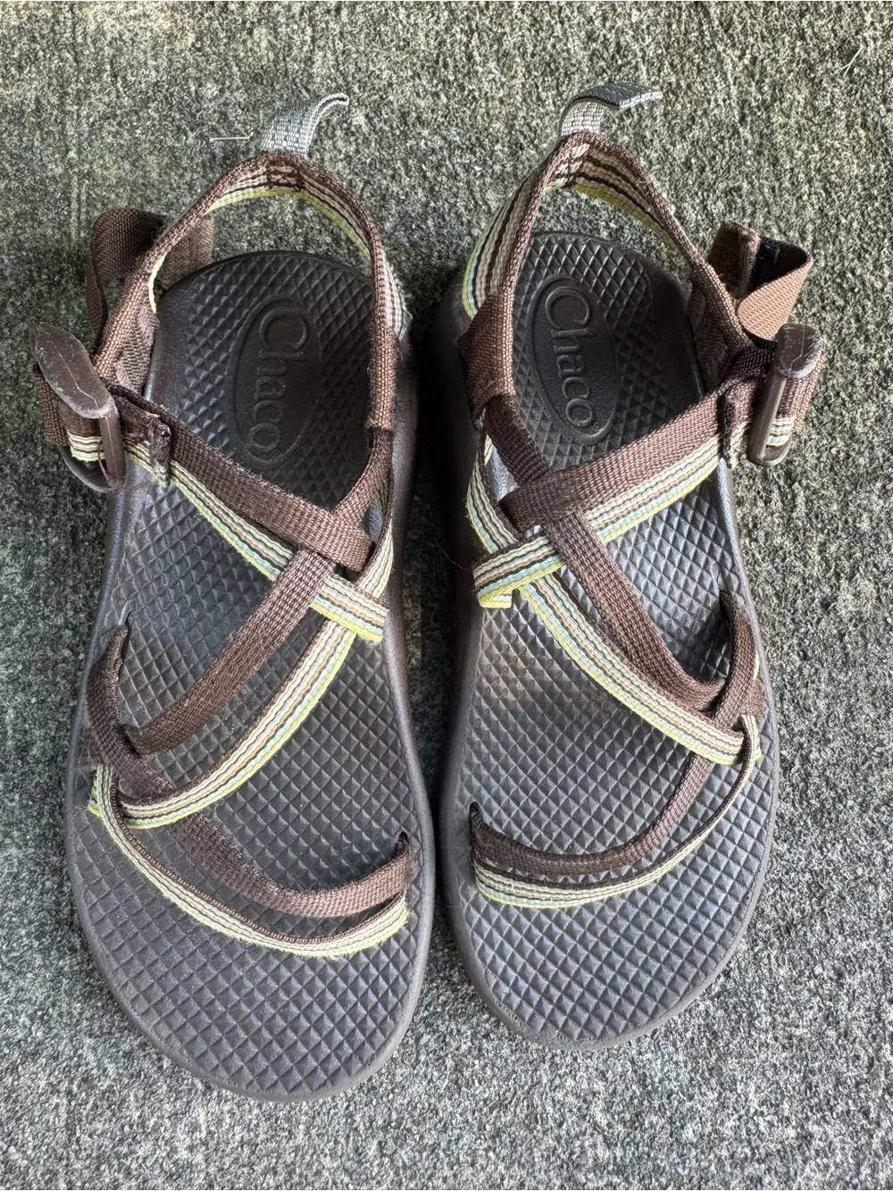 Chaco Kids Brown Sandals with Yellow and Green Stripe Size 1 No Toe Strap
